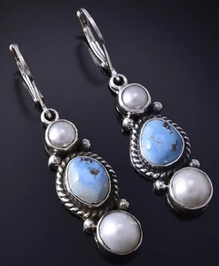 Orecchini Navajo Argento e Colline Dorate Turchese Perle Fresche di Erick Begay 5H02L - Foto 1 di 6
