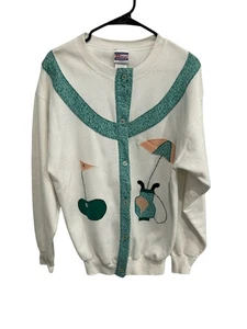 Vintage Hanes Golf Themed Button Front Cardigan Sweater White Medium Heavyweight - Picture 1 of 9