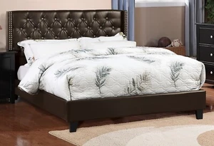 1pc Full Size Bed Wingback Design Espresso Faux Leather Tufted HB Nailhead Trim - Picture 1 of 8