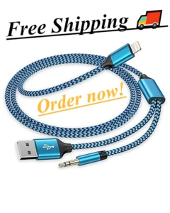 Car Aux Cord for I pho ne, Lightning to 3.5Mm Male Audio 2-In-1 MFI Certified 4F - Picture 1 of 9