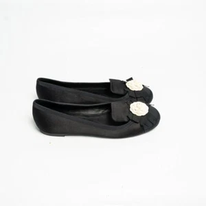 Chanel Black Satin Ballerina Flats w Camellia Appliqué, 38.5 - Picture 1 of 6
