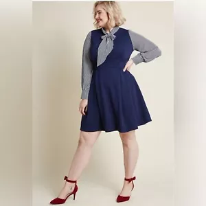 Modcloth Smack Parlour Navy Blue 1950's Inspired Retro Fit & Flare Dress Sz XL - Picture 1 of 12