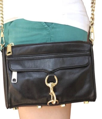 Rebecca Minkoff Mini MAC Cuero Negro Bandolera Cartera Bolso de Mano Cadena Dorada Correa Foto 1 de 4