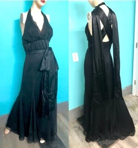 Vestido Formal de Noche Sirena Satinado De Colección Y2K Watters/watters Negro Halter Chifón ~8 - Imagen 1 de 20