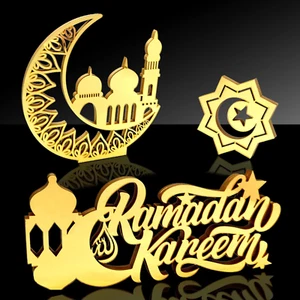 3 Pieces Ramadan Acrylic Wooden Table Sign Eid Mubarak Moon and Star Table Decor - Picture 1 of 12