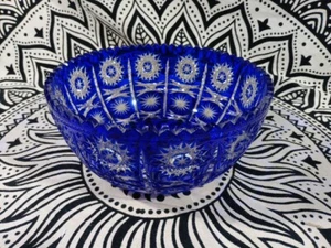 Bohemian Cobalt Blue Cut To Clear Queens Lace Crystal Center Piece Bowl,  signed - Picture 1 of 6