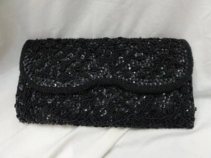 Vintage Black Sequin / Beaded Black Satin Clutch Purse ~ Handmade in HONG KONG - Picture 1 of 13