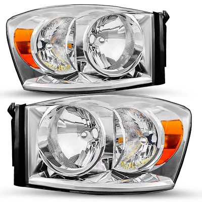 Headlamps Fits 2006-2008 Ram 1500 2500 3500 Chrome Headlights Amber Corner Pair - Image 1 of 4