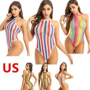 US Women's Rainbow Striped Halter Leotard Bodysuit Sheer Mesh Push Up Swimsuit