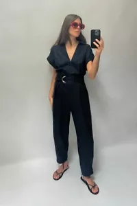 BNWT Zara 2024 Navy Linen Jumpsuit, Large - Picture 1 of 5