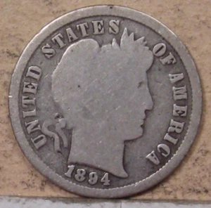 Moneda de diez centavos de peluquero de plata con fecha clave 1894. #41 - Imagen 1 de 5