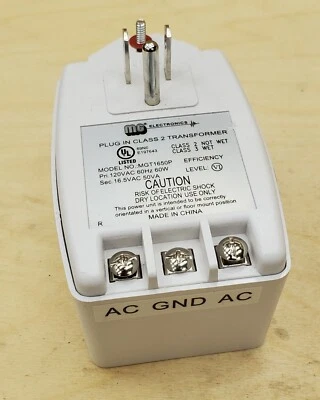 Transformador enchufable MG Electronics MGT1650P clase 2 120 VAC a 16,5 VAC @ 3 amperios Foto 1 de 2