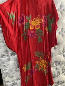 Vintage Elok Red Caftan Batik Floral Muumuu Hippie Boho Statement Dress Small - Picture 1 of 11