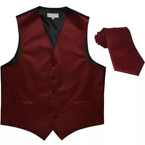 New Polyester formal Men's Tuxedo Vest Waistcoat & tie solid Burgundy Prom - Picture 1 of 4