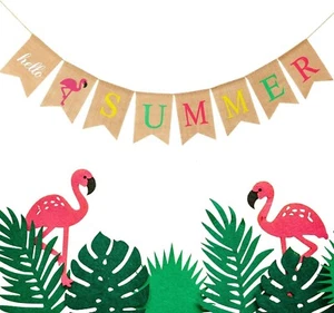1PC Burlap Banner Hello Summer Swallowtail Shaped Flag Flamingo - Picture 1 of 7