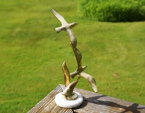 Brass Seagull Sculpture, Birds In Flight, White Marble Base, Asymmetrical, Large - Picture 1 of 17