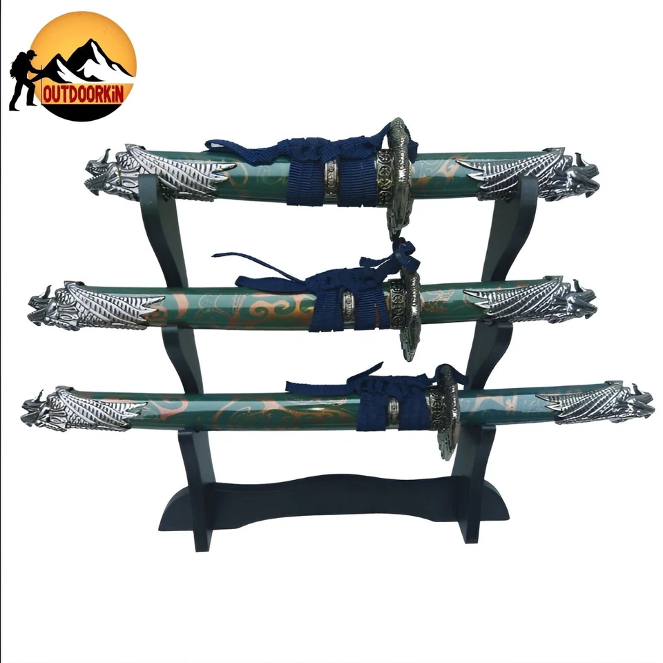 Defender Juego de 3 Piezas Diseño Dragón Mango Azul Samurai Mini Katana Espada Con Soporte Foto 1 de 1