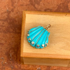 Estate 14KT Yellow Gold Turquoise Shell Pendant with Bezel-Set Diamonds - Picture 1 of 7