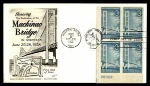 1109 3c Stamp (1958) THE MACKINAC BRIDGE FDC FROM FLEETWOOD - PLATE BLOCK !!!! - Picture 1 of 1