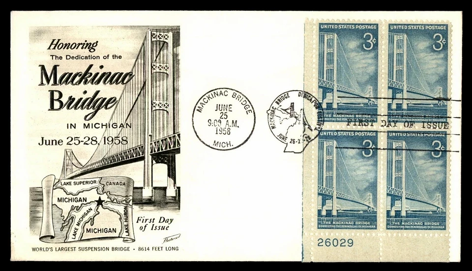 1109 3c Stamp (1958) THE MACKINAC BRIDGE FDC FROM FLEETWOOD - PLATE BLOCK !!!! - Image 1 of 1
