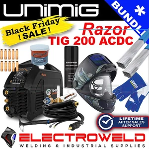 Paquete de soldador UNIMIG Razor Tig 200 ACDC + casco + guantes + alambre + varillas U12002K - Imagen 1 de 10