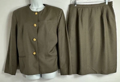 Traje Saville Conjunto de 2 Piezas Talla 14 Tejido Marrón 4 Botones Dorados Blazer Línea A Falda Forrada Foto 1 de 4