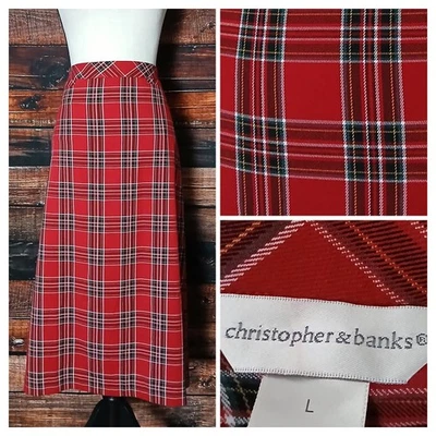 Christopher & Banks Midi Skirt Size L Red Tartan Plaid Pull On Elastic Waist  - Image 1 of 4