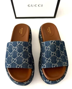 Gucci 8 Angelina Denim GG 1 3/8" Wedge Slides Leather Insoles Rubber Outsoles 38 - Picture 1 of 6