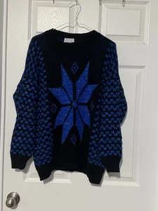 Vintage 80s GFC Snowflake Ski Metallic Sweater Made USA NY Acrylic Blue Black X - Bild 1 von 4