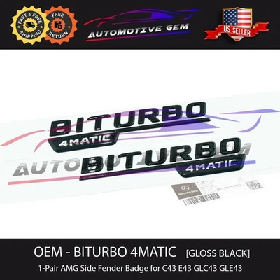 OEM BITURBO 4MATIC AMG guardabarros emblema negro brillante insignia Mercedes C43 E43 GLC43 Foto 1 de 2