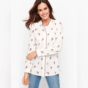 Talbots Damen Large Petite Jakobsmuschelbesatz bestickt Langarm Shirt Bluse - Bild 1 von 11