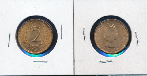 MAURITIUS - 2 CENTS - 1953- BU - CHOICE RED COIN Cover