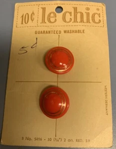 Lot 2 VINTAGE On Card Red Gold Trim  BUTTONS Le Chic Western Germany - Picture 1 of 3