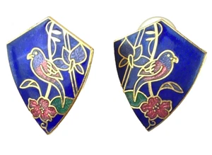 Vintage Enamel Love Bird Cloisonne Earrings Gold Tone Lapis Blue Enamel Inlay - Picture 1 of 6