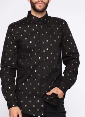Drill NYC Black Button Down Shirt Size L Large Slim Fit Long Sleeve Gold Bees - Image 1 of 3