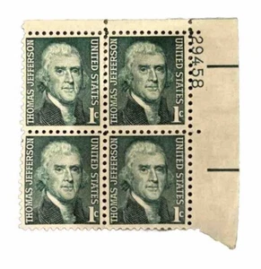 Thomas Jefferson 1 Cent Stamp PLATE BLOCK, Green, MNH - Picture 1 of 2