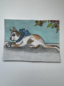 Aceo Original Art Trading Card, Sweet Calico Cat, Playing, Art By Sommer Rayn - Bild 1 von 3