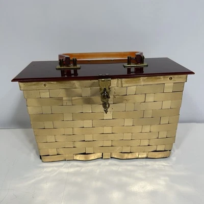 VTG Dorset Rex Fifth Avenue Gold Metal Basket Weave Purse w/Lucite Top & Handle - Image 1 of 4
