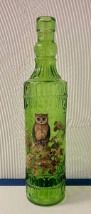 Green Glass Bottle With Owl Motif 12" Tall Decorative Country Cottage Core OOAK - Picture 1 of 8