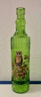 Green Glass Bottle With Owl Motif 12" Tall Decorative Country Cottage Core OOAK  - Image 1 of 4
