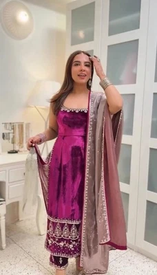 Beautiful Viscose Velvet Pink Salwar Kameez With Dupatta For Party Wear - Image 1 of 4
