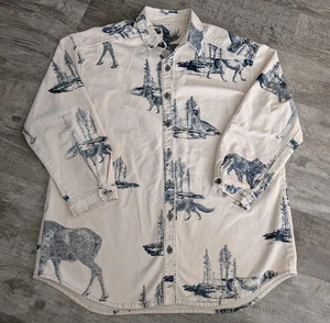 Vintage Eddie Bauer Chamois Flanell Ente Hirsch Tier AOP Print Knopfleiste Gr. L/XL - Bild 1 von 21