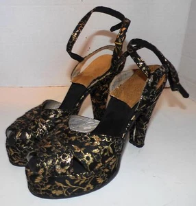 Fabulous Vintage 40s Black Gold Platform High Heel Peep Toe Shoes 5 - Picture 1 of 7