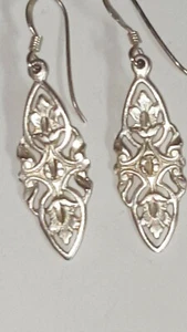 Vintage Sterling Silver Diamond Etched Floral Motif 1 3/4" Dangle earrings - Picture 1 of 3