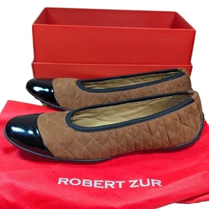 Robert Zur Designs Quela Brown W/Black Patent Quilted Ballerina Flat Shoe 8.5 4A - Picture 1 of 7