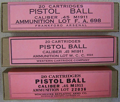 FRANKFORD ARSENAL FA, WRA, & WCC M1911 .45 ACP WWII NEW REPLICA 20 ROUND AMMO BOX DISPLAY SET