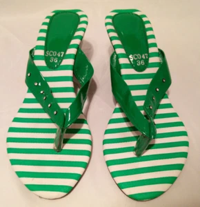Womens High Heel Slip On Thong Sandal Green and White Striped w/ Rhinestones 5.5 - Picture 1 of 6