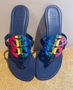 Tory Burch Womens 9.5m Miller Rainbow Royal Blue Leather Sandals Slides Shoes