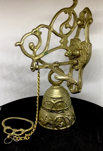 Vintage Wall Mount Brass Bell Door Knocker Monastery with Chain Cover