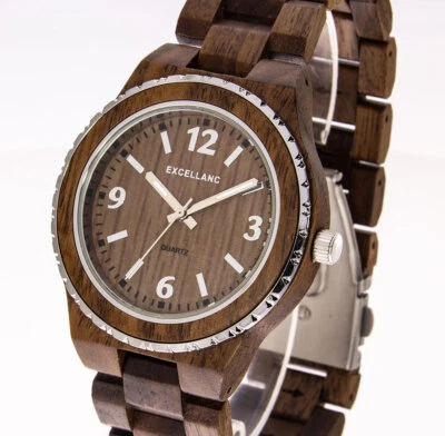 Excellanc Holzuhr Damenuhr Walnussholz Holzarmband Holzboden 43mm Durchmesser - Bild 1 von 3
